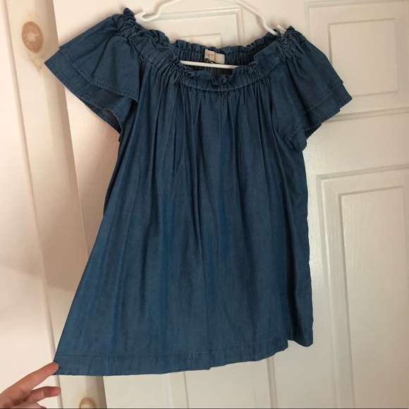 Ann Taylor Loft spring summer top off the shoulder blue chambray denim blouse XS - Picture 9 of 11